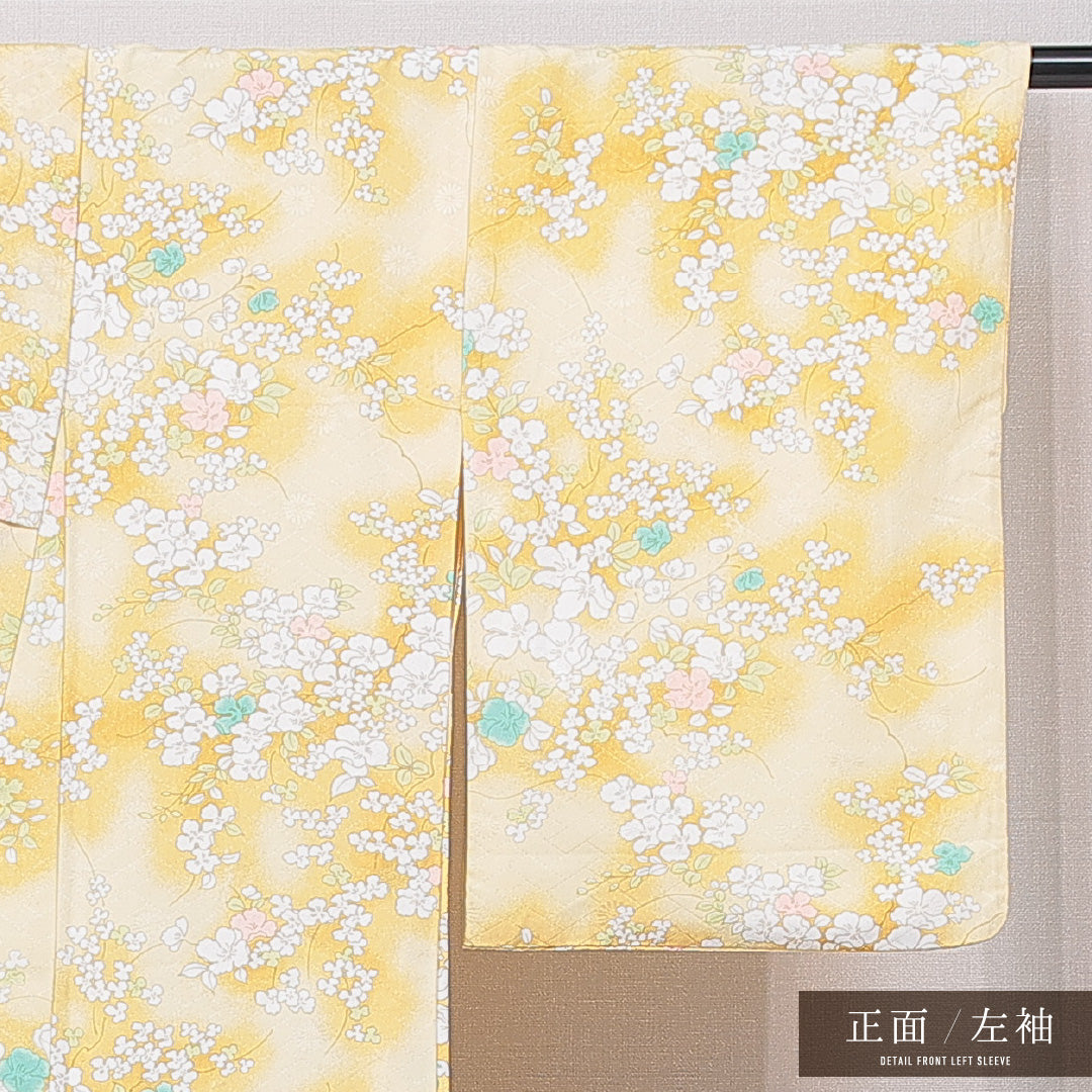 小紋 袷 身丈159cm 裄丈64cm 正絹 Cランク インフォーマル 広衿 Mサイズ 花柄 黄系 HP 1221-15097