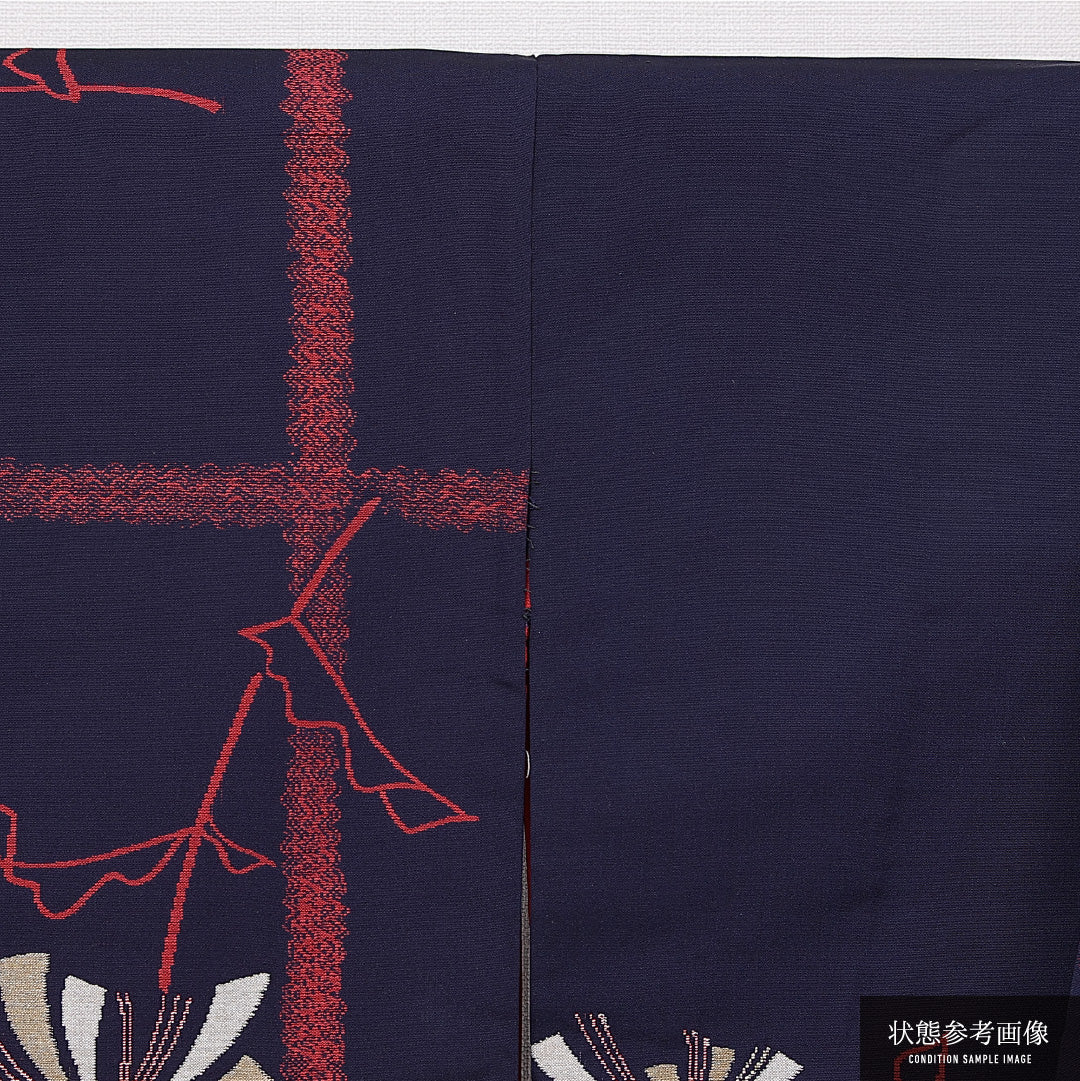 アンティーク お召 袷 身丈150cm 裄丈62cm 正絹 Dランク Sサイズ バチ衿 菊 紫系 1265-15042