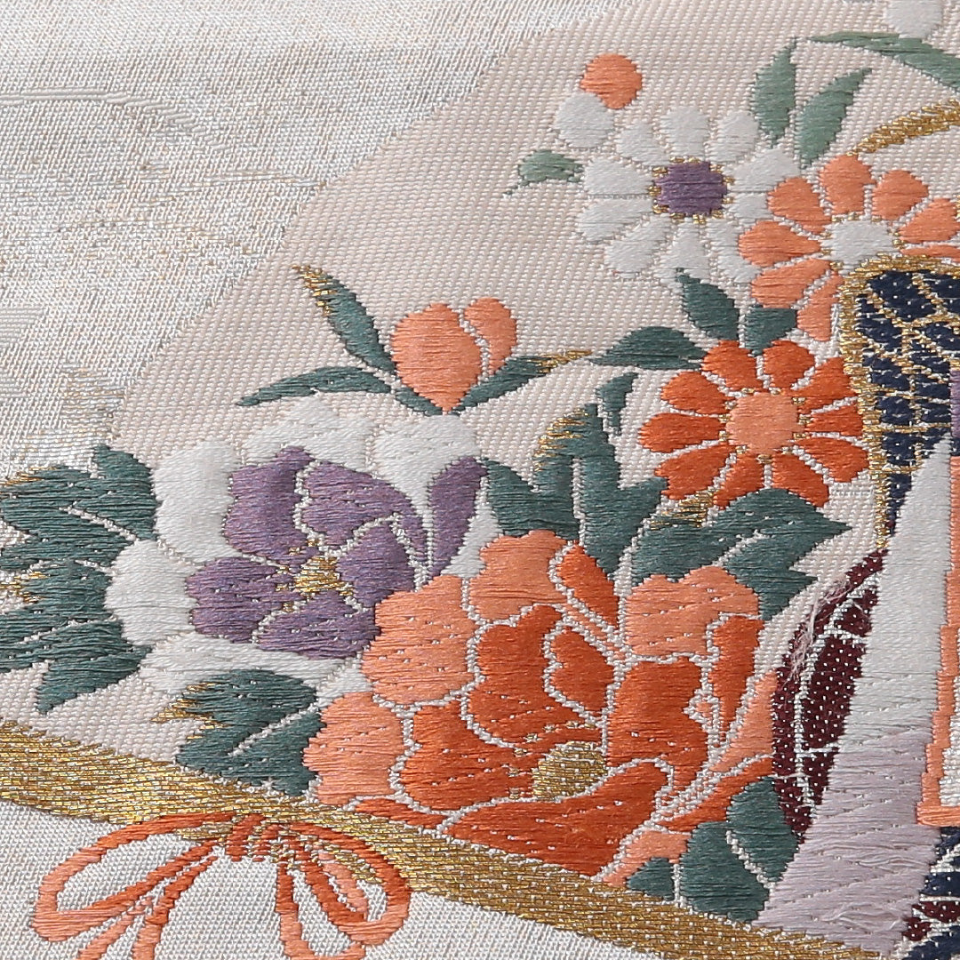 九寸名古屋帯 帯丈349cm セミフォーマル 名古屋仕立て ポイント柄 Cランク 正絹 花車 扇 クリーム系 1224-03641