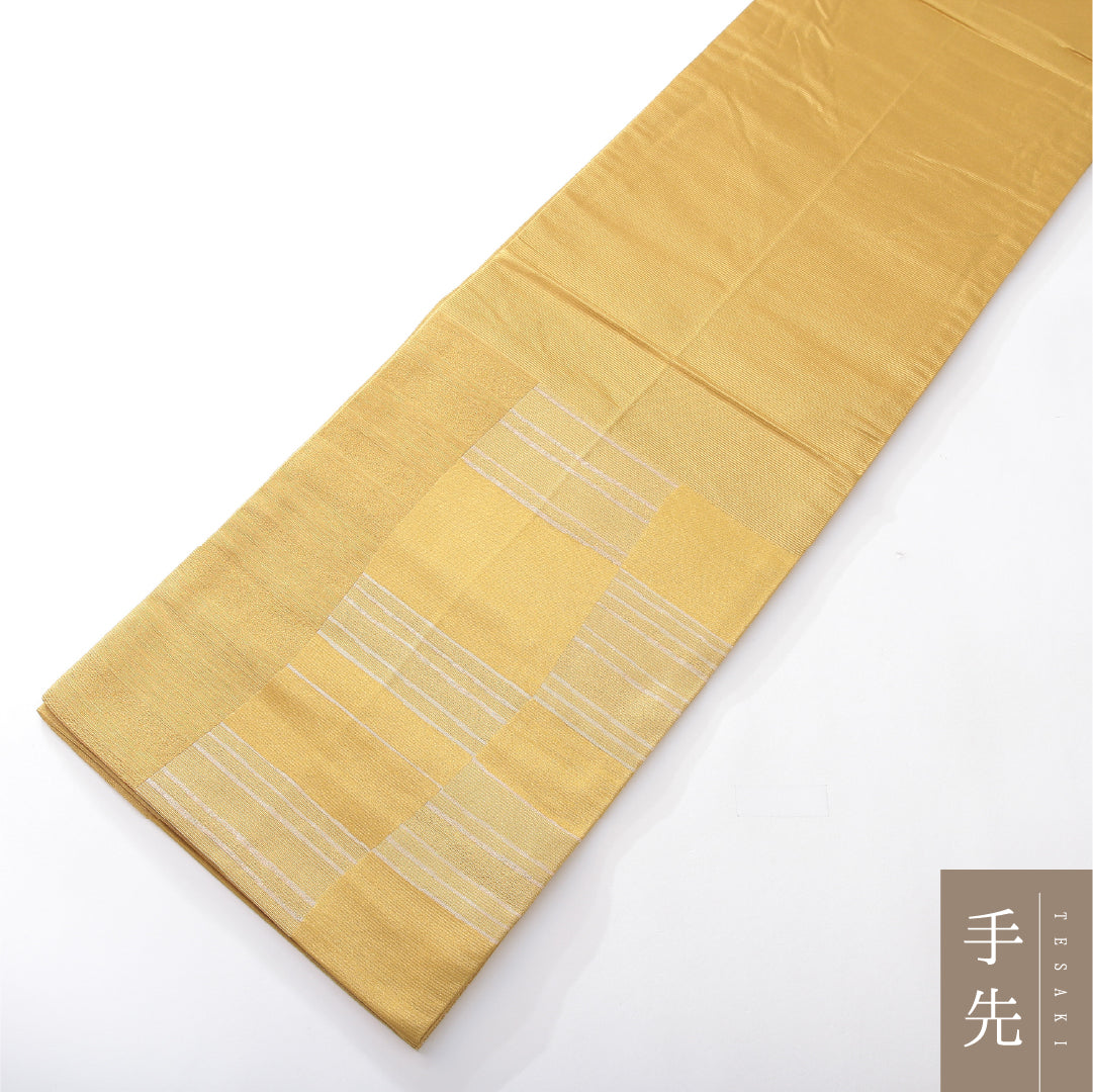 九寸名古屋帯 帯丈378cm カジュアル 開き仕立て 六通 Sランク ポリエステル 創作柄 黄系 1224-03830