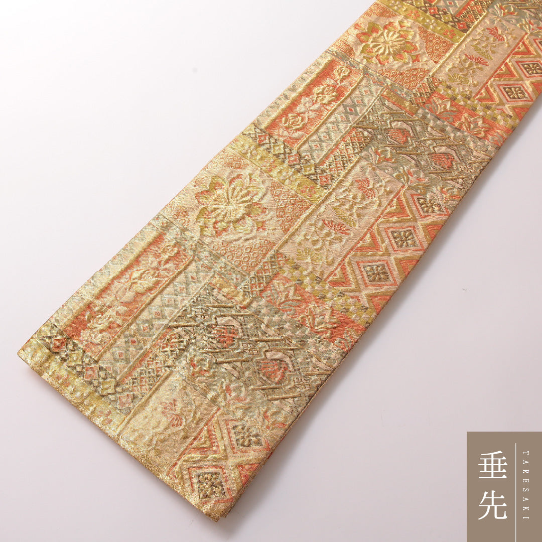 袋帯 帯丈436cm 正絹 六通 フォーマル ふくれ織 裂取り 唐草華文 ペルシャ文様 金系 1243-01787