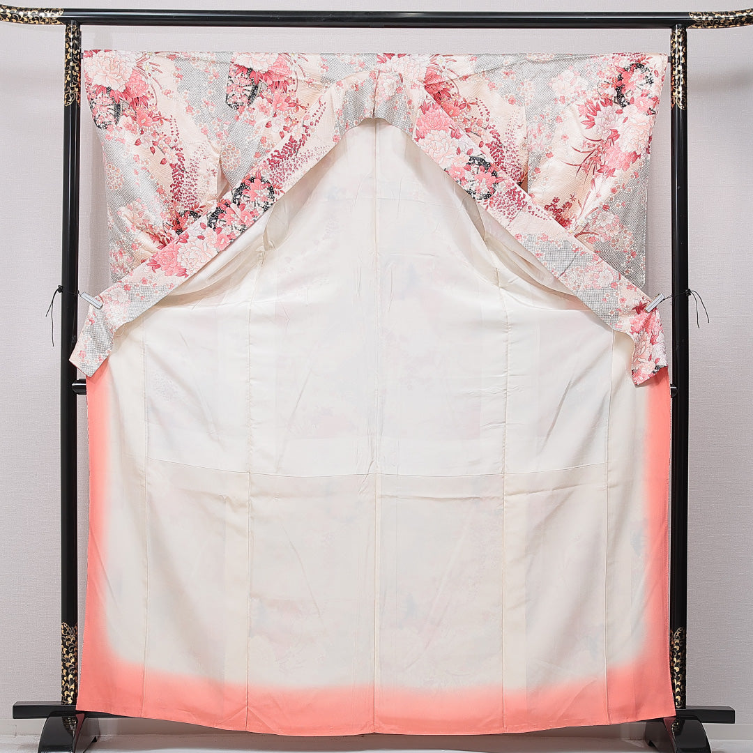 小紋 袷 身丈166cm 裄丈66cm 正絹 Cランク XLサイズ 広衿 インフォーマル 牡丹 ピンク系 1215-15647