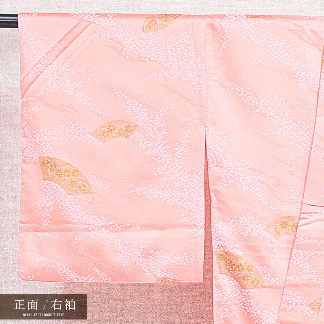 小紋 袷 身丈163cm 裄丈65cm ポリエステル 洗える着物 Bランク インフォーマル バチ衿 Lサイズ 扇 菊 付下げ 可憐 古典的 ピンク系 HP 1221-16420
