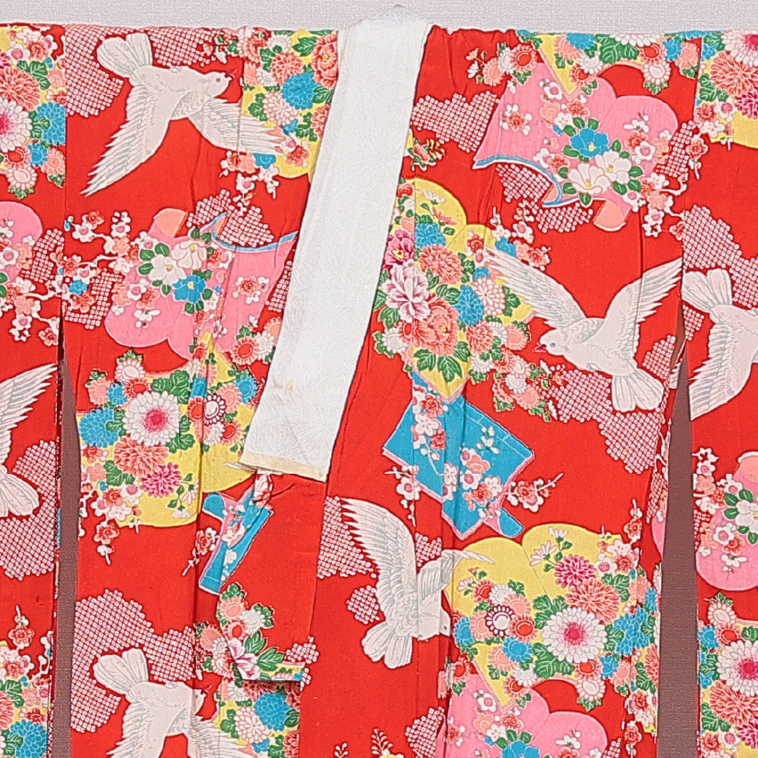 アンティーク 振袖用 長襦袢 無双袖 身丈123cm 裄丈62cm 正絹 Cランク Sサイズ 古典柄 赤系 RP 1240-16678