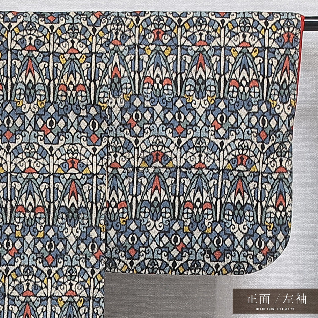 アンティーク お召 袷 身丈155cm 裄丈62cm 正絹 Cランク Mサイズ 広衿 創作柄 多色系 1265-16042