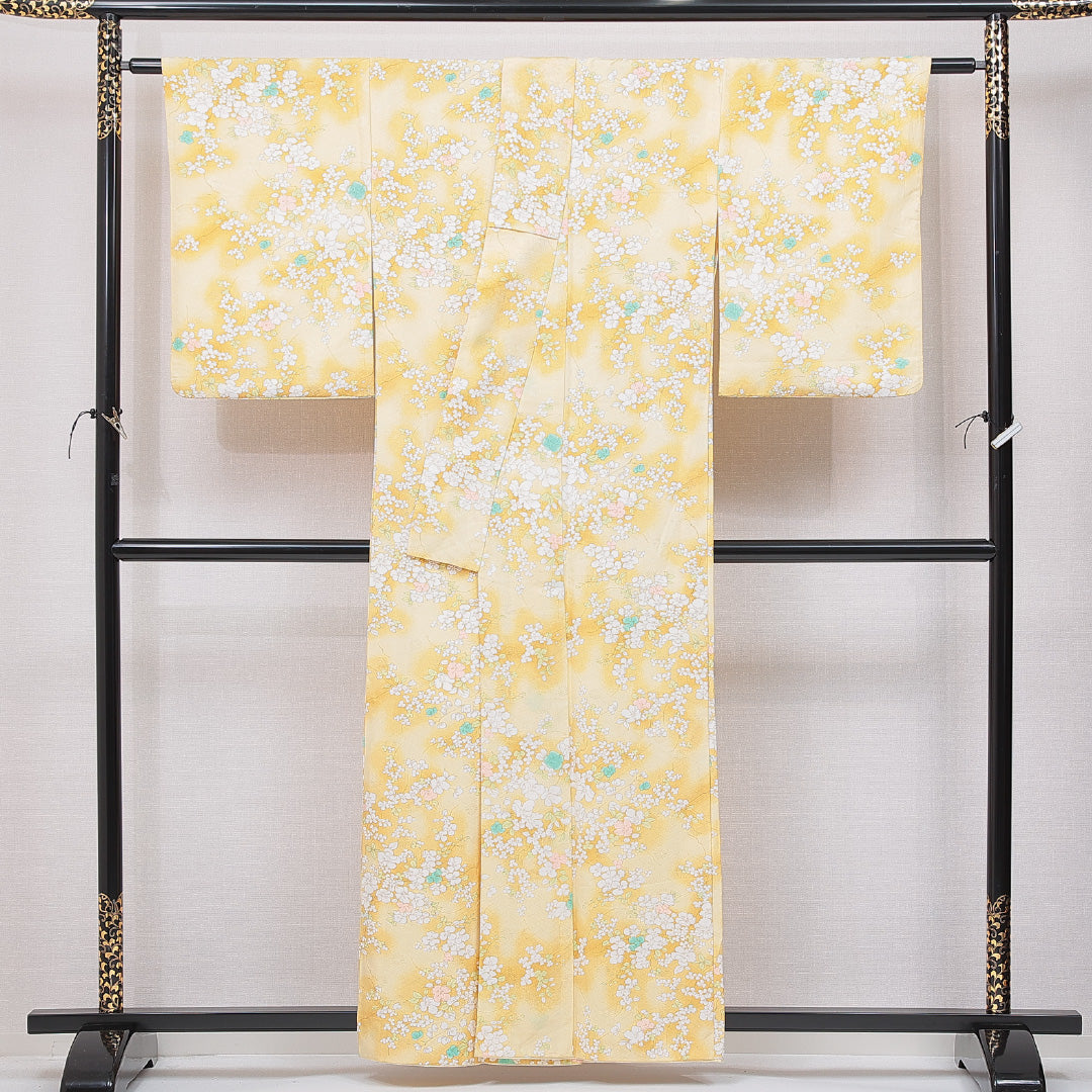 小紋 袷 身丈159cm 裄丈64cm 正絹 Cランク インフォーマル 広衿 Mサイズ 花柄 黄系 HP 1221-15097