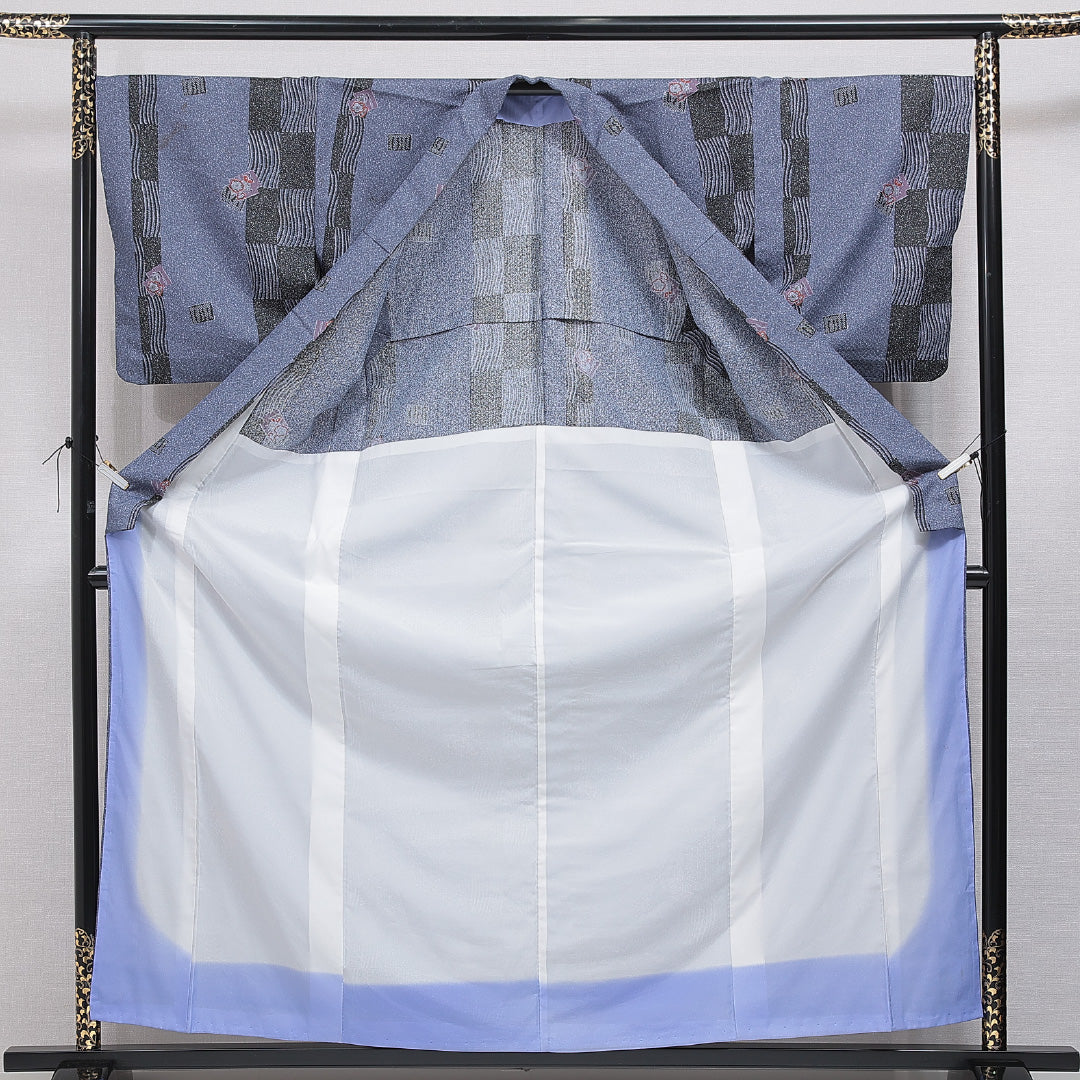 小紋 洗える着物 胴抜き 身丈162cm 裄丈67cm ポリエステル Cランク Lサイズ バチ衿 インフォーマル 花柄 青系 1215-16339