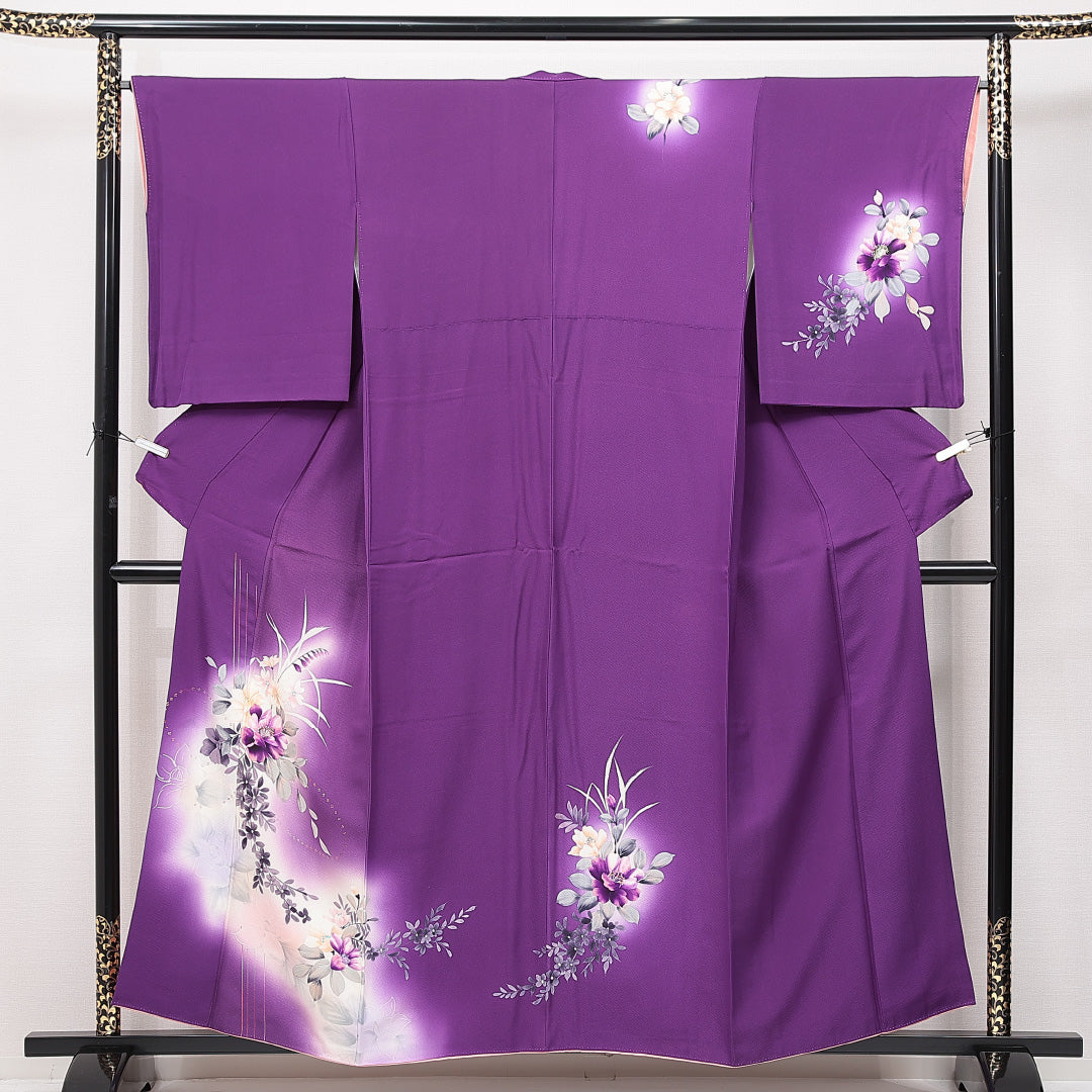 訪問着 袷 身丈157cm 裄丈65cm 正絹 Cランク セミフォーマル 広衿 Mサイズ ぼかし 椿 可憐 鮮やか 紫系 HP 1217-15075