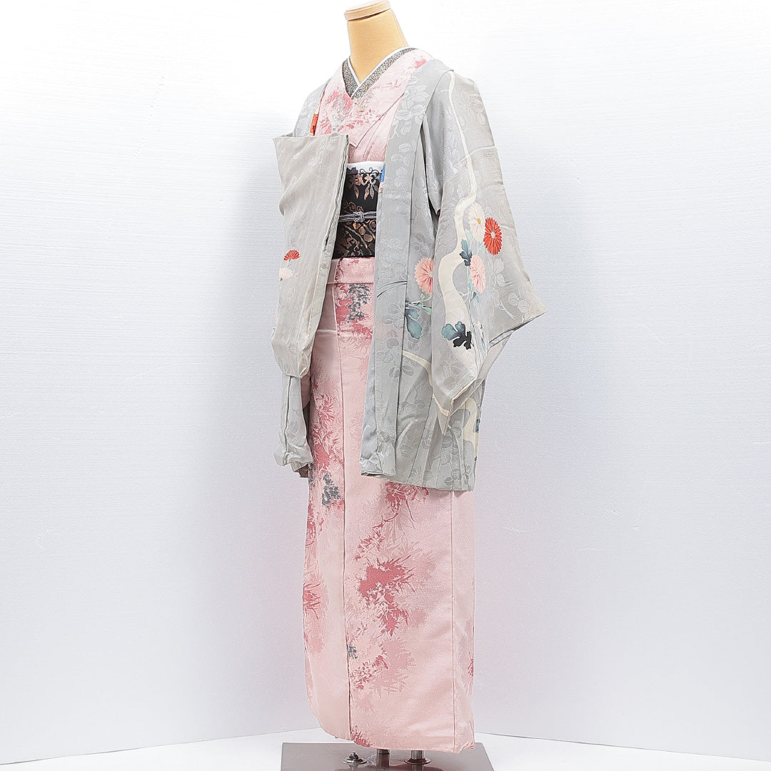 アンティーク 羽織 袷 身丈84cm 裄丈65cm 正絹 Cランク Mサイズ 菊 グレー系 1217-16806