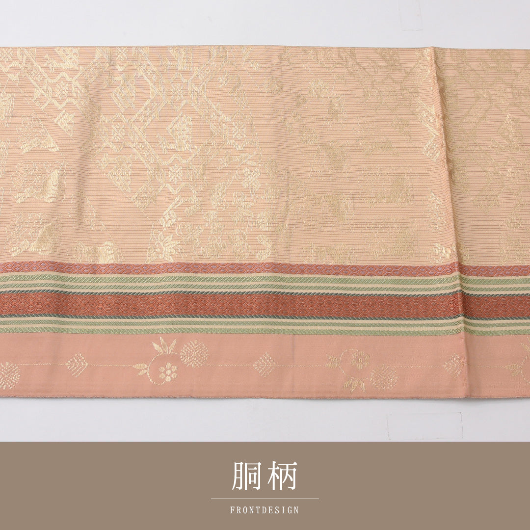 袋帯 帯丈450cm セミフォーマル 六通 未仕立て 帯芯なし Sランク 正絹 有栖川鹿文 証紙 ピンク系 1223-02232