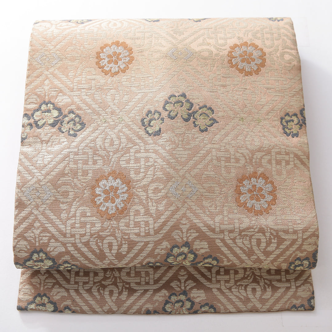 九寸名古屋帯 帯丈343cm カジュアル 名古屋仕立て 六通 Aランク 正絹 菱 花柄 ベージュ系 1224-03837