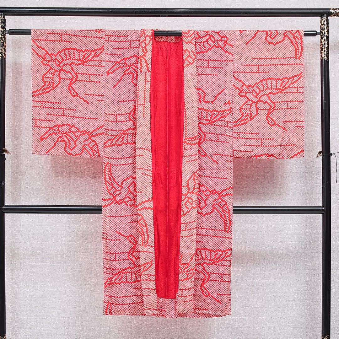 アンティーク 羽織 袷 身丈124cm 裄丈61cm 正絹 Aランク Sサイズ 鹿の子 鶴 赤系 1217-16186