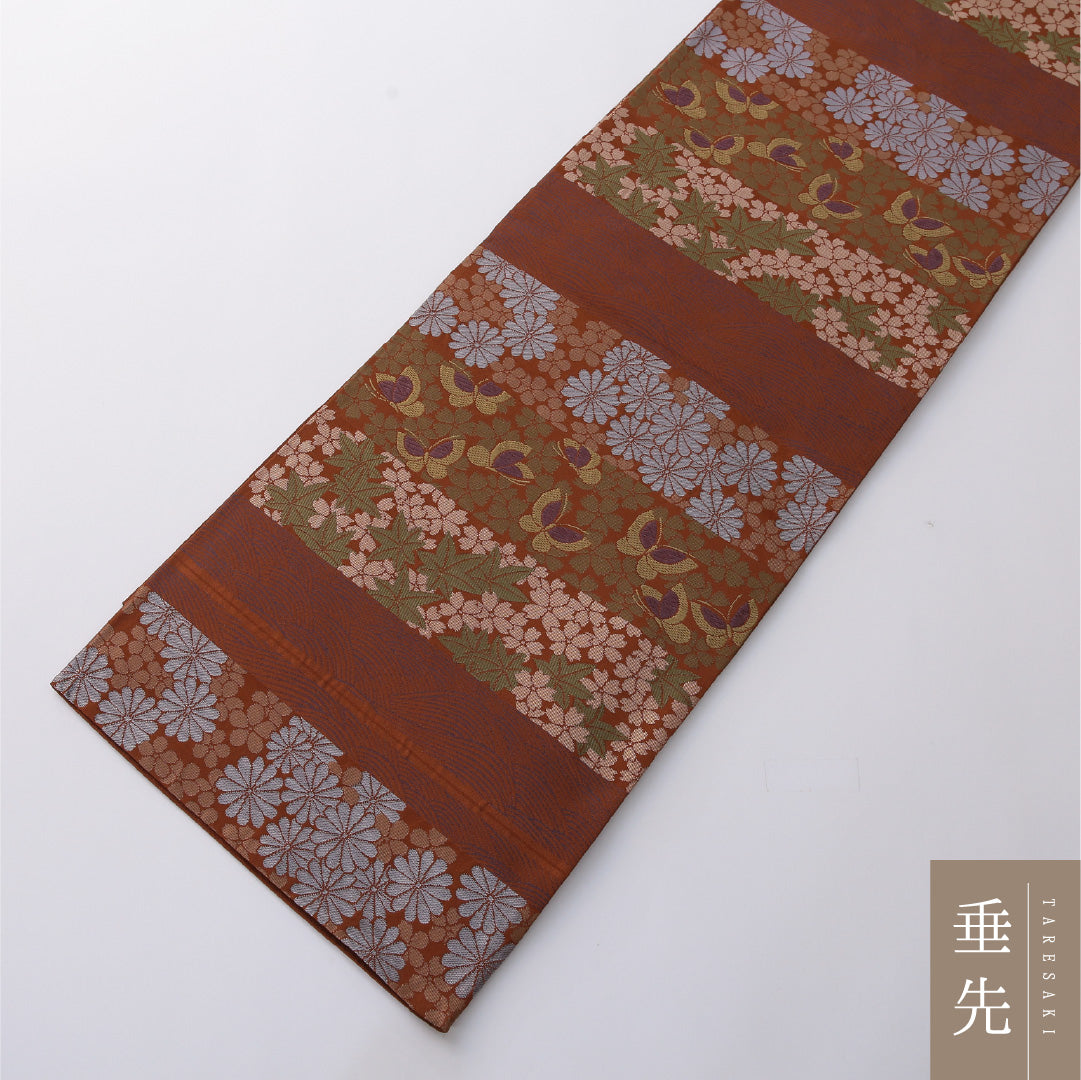 九寸名古屋帯 帯丈360cm セミフォーマル 開き仕立て 六通 Sランク ポリエステル 蝶 菊 茶系 朱系 1224-03283