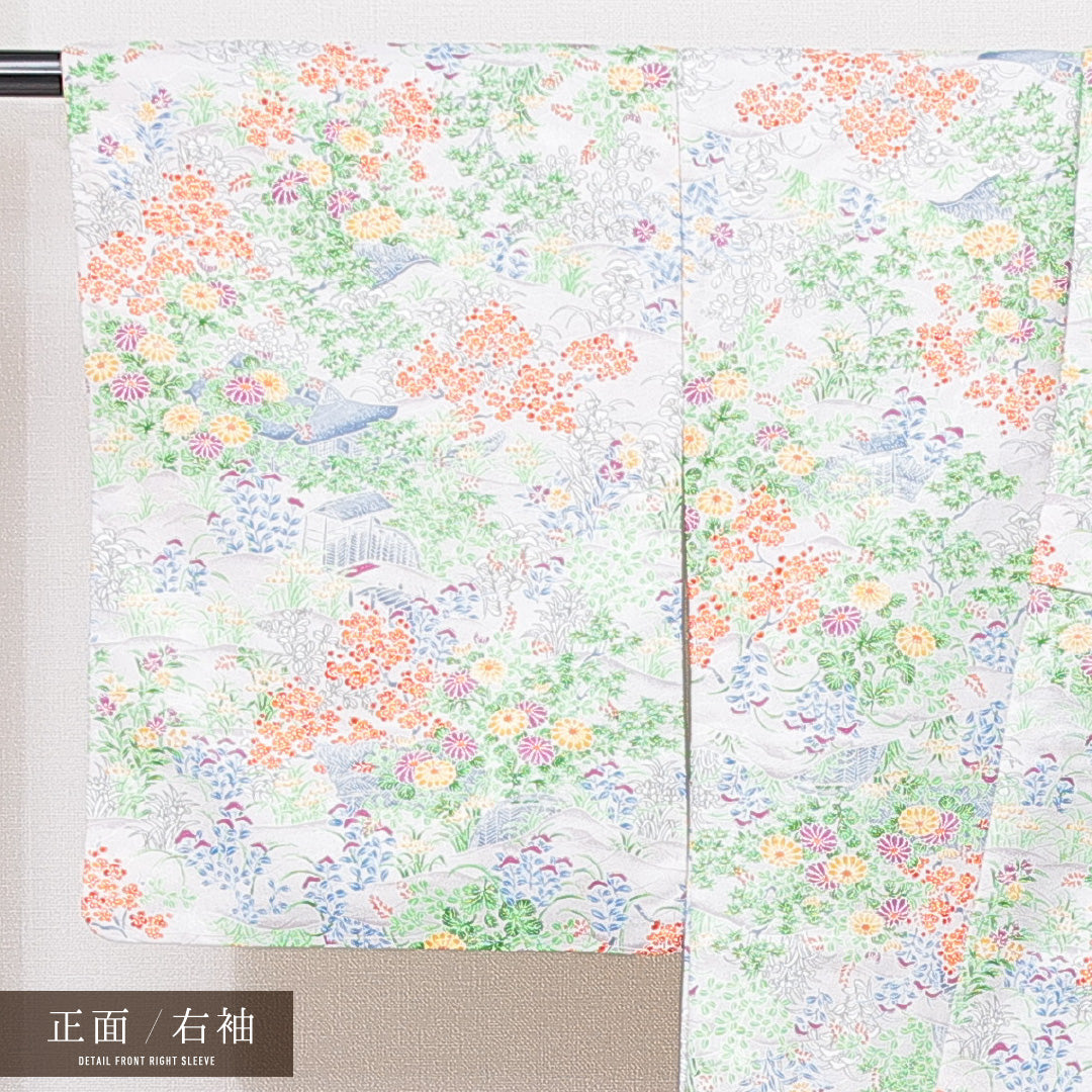 小紋 洗える着物 袷 身丈161cm 裄丈63cm ポリエステル Sランク Lサイズ 広衿 インフォーマル 菊 グレー系 1215-15101