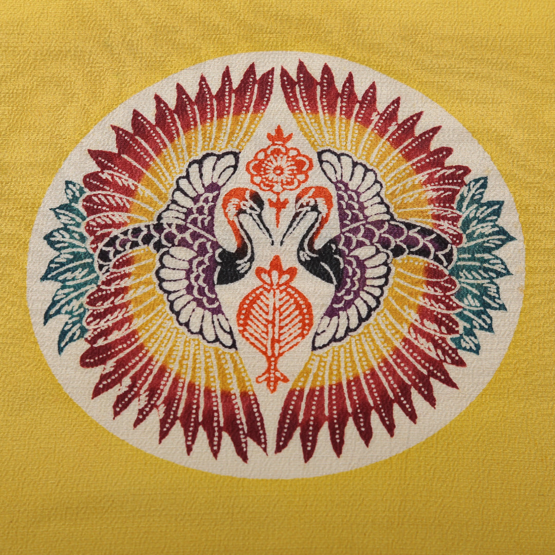 アンティーク 九寸名古屋帯 帯丈361cm セミフォーマル 名古屋仕立て ポイント柄 Bランク 正絹 染め帯 ちりめん 江戸紅型 鳳凰 黄系 1224-03705