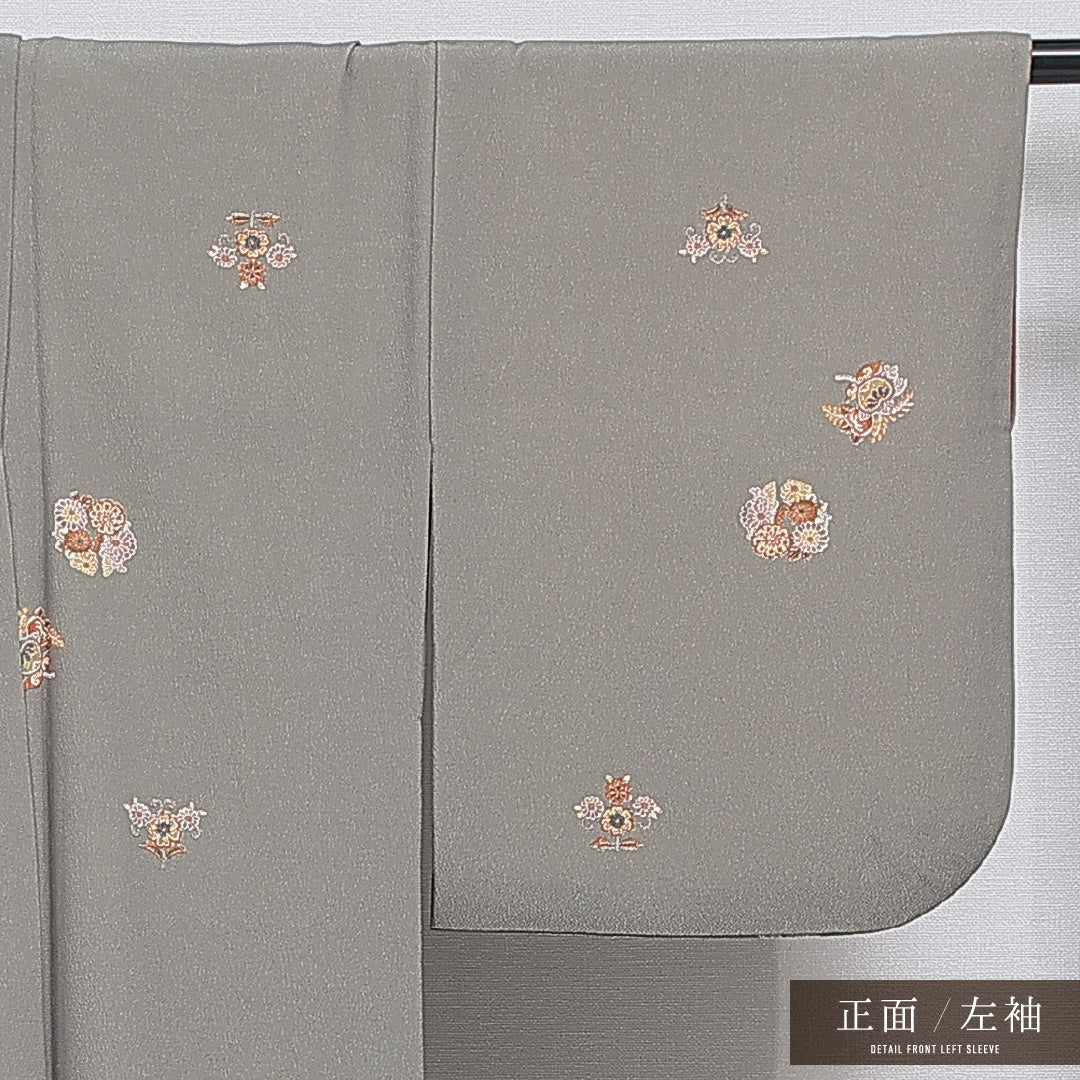 洗える着物 付下げ 袷 身丈165cm 裄丈64cm ポリエステル Sランク インフォーマル バチ衿 XLサイズ 菊 花文 グレー系 RP 1218-16099