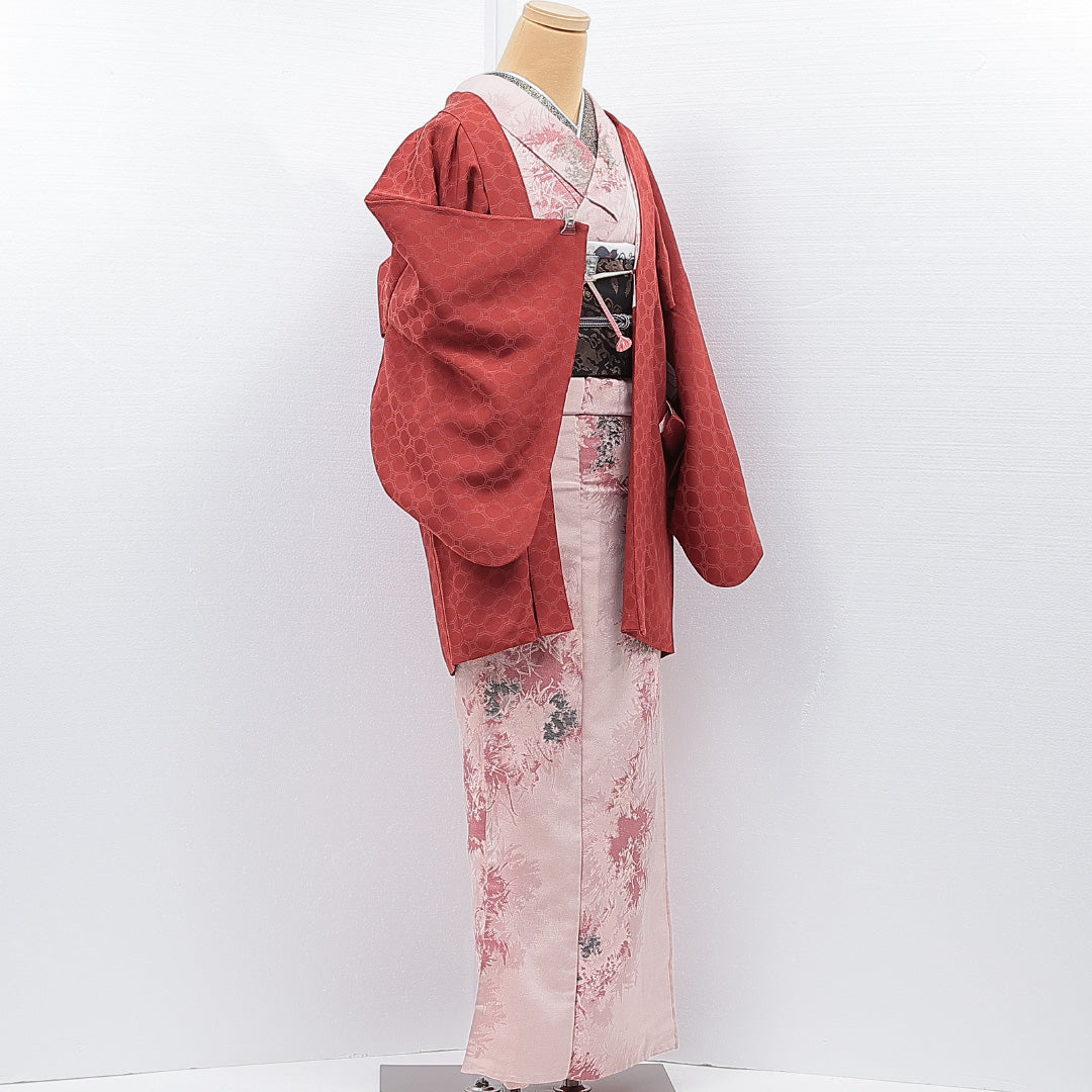 羽織 袷 身丈79cm 裄丈64cm 正絹 Aランク 紋意匠 (蜀江) カジュアル Mサイズ 茶系 HP 1232-15325