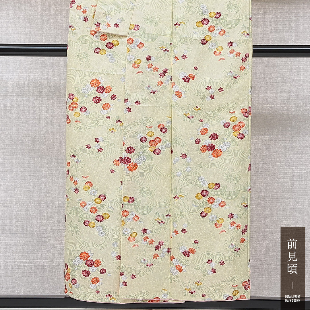 小紋 洗える着物 袷 身丈150cm 裄丈65cm ポリエステル Cランク Sサイズ 広衿 インフォーマル 流水 牡丹 クリーム系 1215-15834