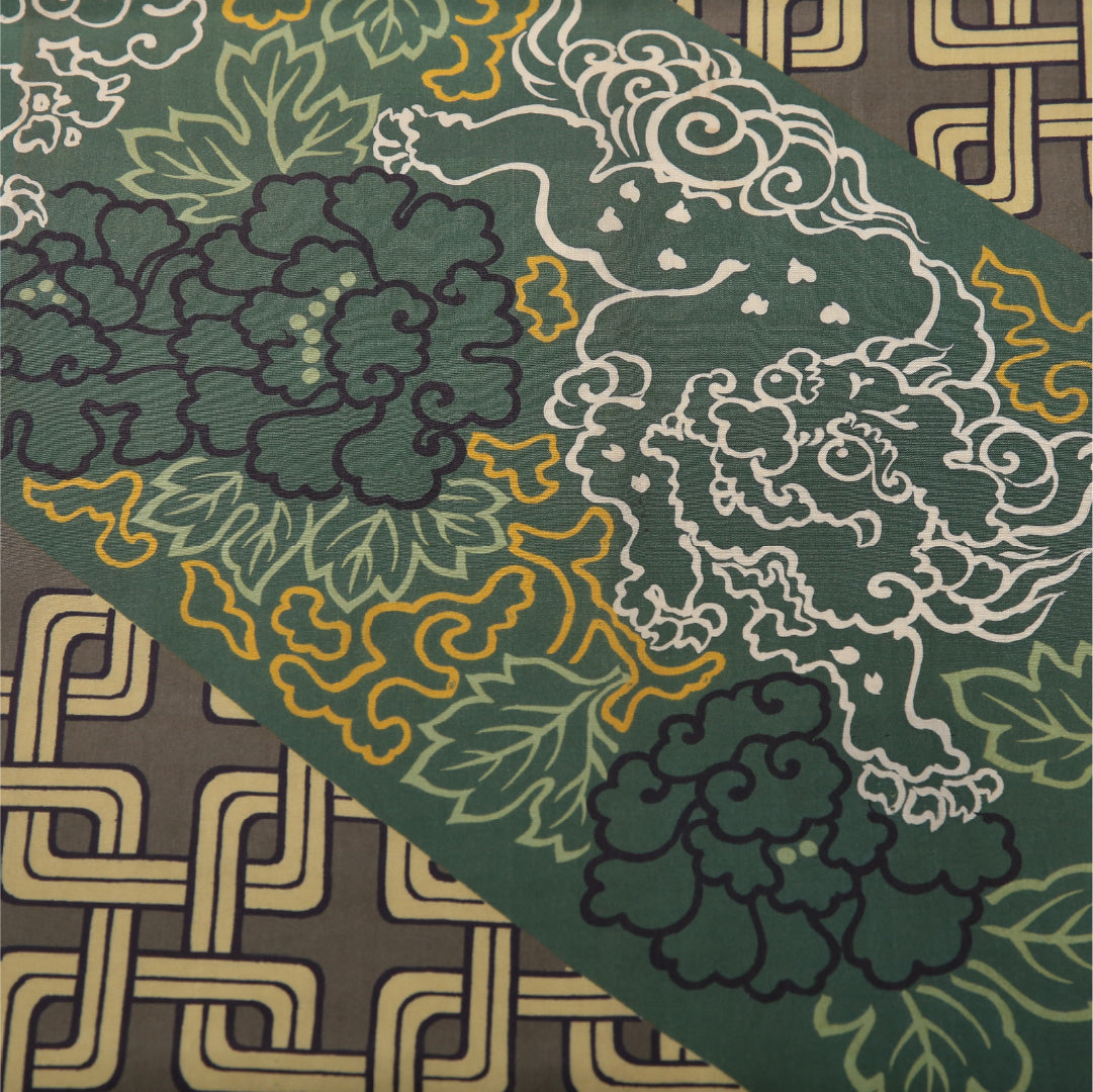 アンティーク 九寸名古屋帯 帯丈356cm セミフォーマル 開き仕立て 全通 Bランク 正絹 染め帯 唐獅子 牡丹 緑系 1224-03686