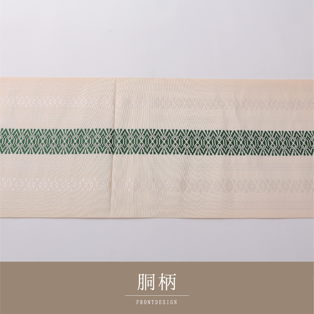 八寸名古屋帯 帯丈352cm セミフォーマル 開き仕立て 全通 Sランク 正絹 献上柄 クリーム系 緑系 1224-03294