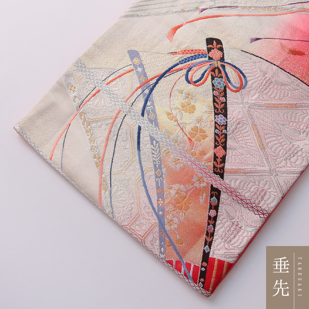 振袖用 袋帯 帯丈424cm 正絹 全通 扇面文 組紐 吉祥文様 赤系 金系 1243-01955
