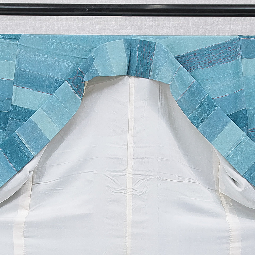 小紋 袷 身丈168cm 裄丈67cm 正絹 Cランク XLサイズ 広衿 インフォーマル 抽象柄 青系 水色系 1215-15656