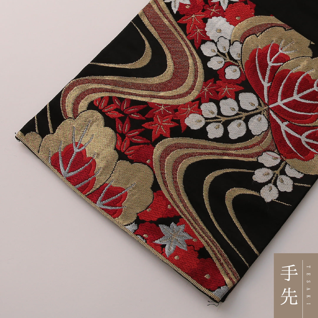 袋帯 帯丈404cm フォーマル 六通 Sランク 正絹 流水 桐 黒系 金系 1223-01895