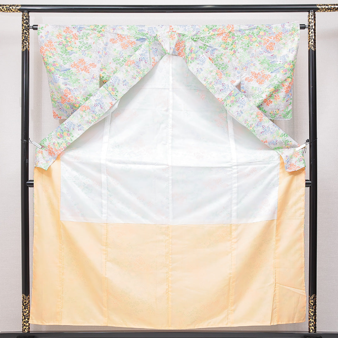 小紋 洗える着物 袷 身丈161cm 裄丈63cm ポリエステル Sランク Lサイズ 広衿 インフォーマル 菊 グレー系 1215-15101
