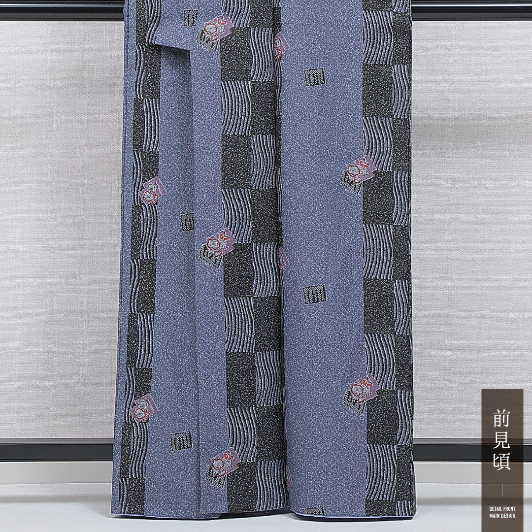 小紋 洗える着物 胴抜き 身丈162cm 裄丈67cm ポリエステル Cランク Lサイズ バチ衿 インフォーマル 花柄 青系 1215-16339