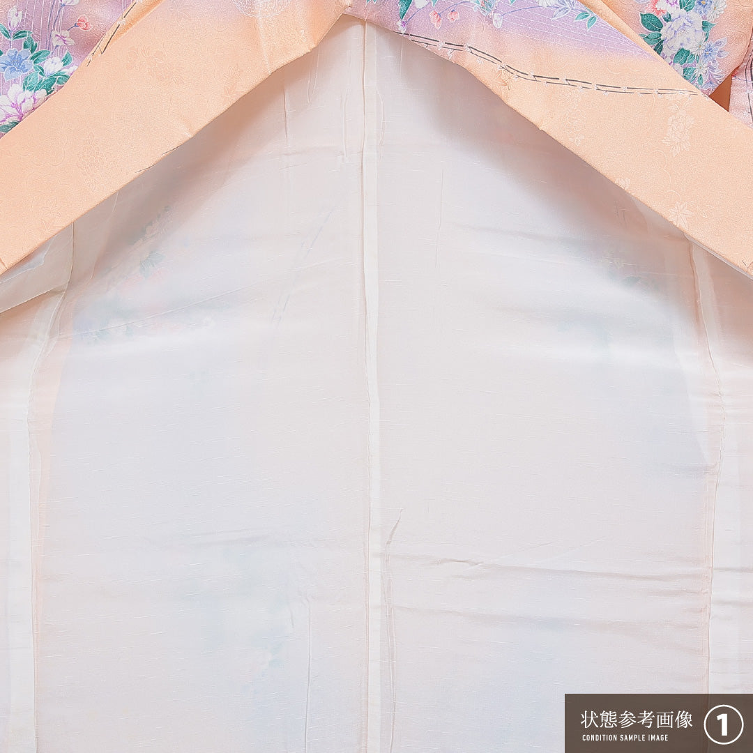 洗える着物 小紋 袷 身丈158cm 裄丈62cm ポリエステル Aランク インフォーマル 広衿 Mサイズ 雲取り 牡丹 朱系 RP 1221-16107