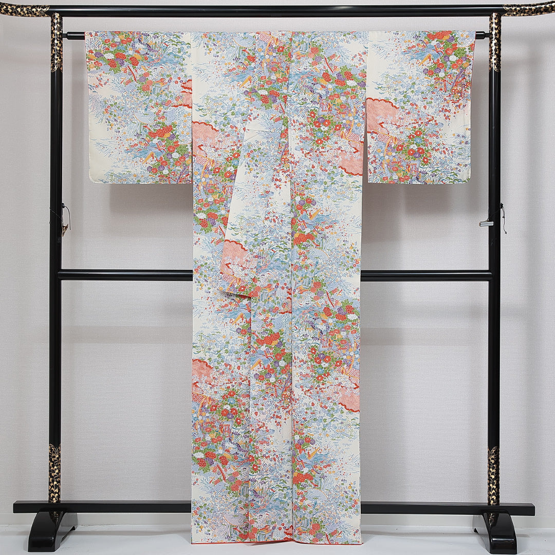 未使用品 小紋 袷 身丈160cm 裄丈64cm 正絹 Nランク インフォーマル 広衿 Lサイズ 花車 山水 白系 RP 1221-15014