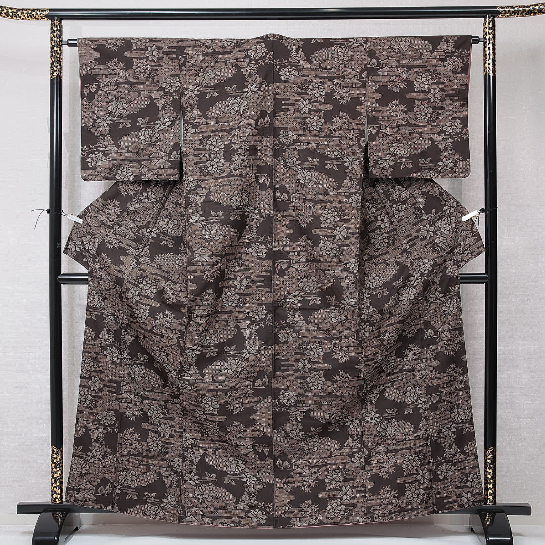 着物 逸品 訪問着 墨色 有職文様 草花 刺子刺繍 汕頭刺繍 正絹 袷 158.5cm Mサイズ 訪問着 身丈157.5cm 裄丈62cm S 袷 華文 格子 総柄総刺繍