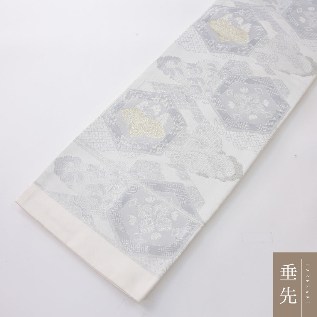 袋帯 帯丈438cm フォーマル 六通 未仕立て 帯芯なし Aランク 正絹 亀甲 クリーム系 銀系 1223-02231