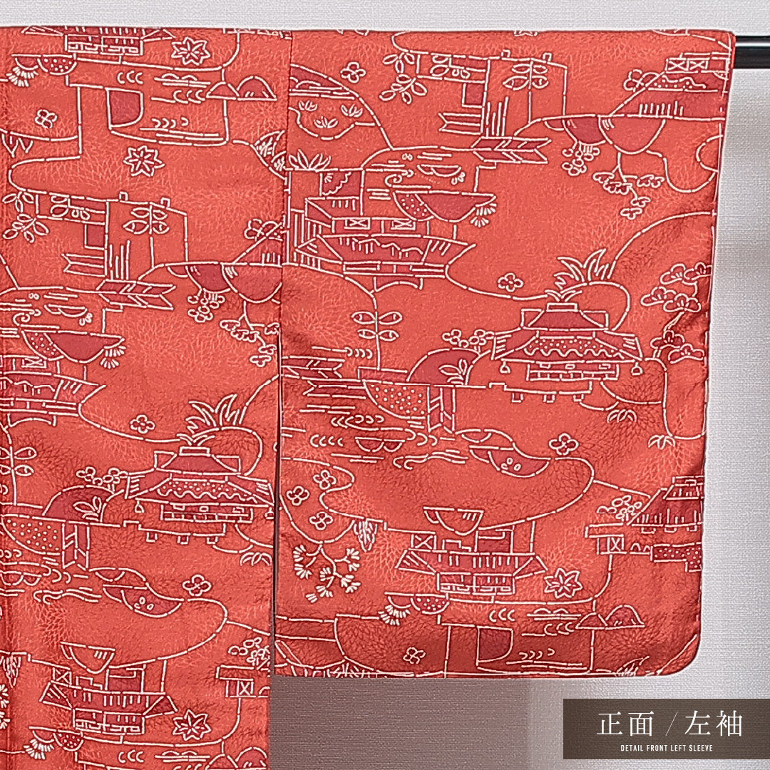 小紋 袷 身丈156cm 裄丈62cm 正絹 Aランク インフォーマル バチ衿 Mサイズ 茶屋辻 赤系 HP 1221-16040