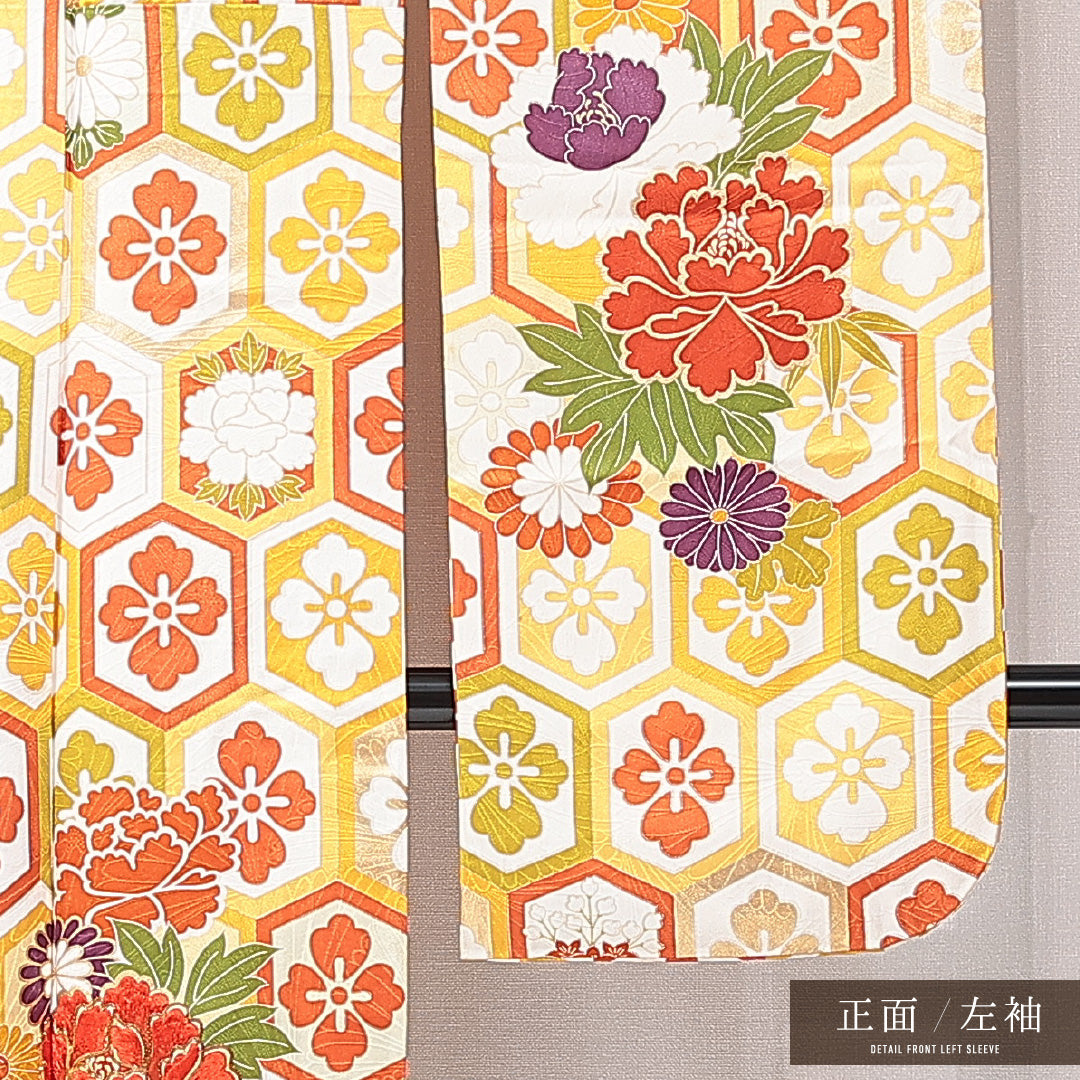振袖 袷 身丈155cm 裄丈63cm フォーマル Cランク Mサイズ 正絹 広衿 亀甲 牡丹 蘇州刺繍 金駒刺繍 1213-F0670