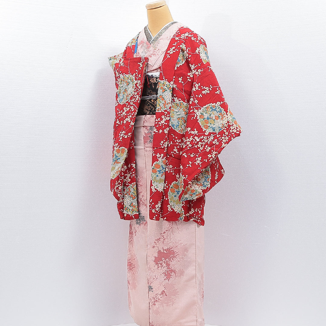 アンティーク 羽織 袷 身丈93cm 裄丈62cm 正絹 Aランク Sサイズ 紐あり 梅 赤系 M4 1232-16776