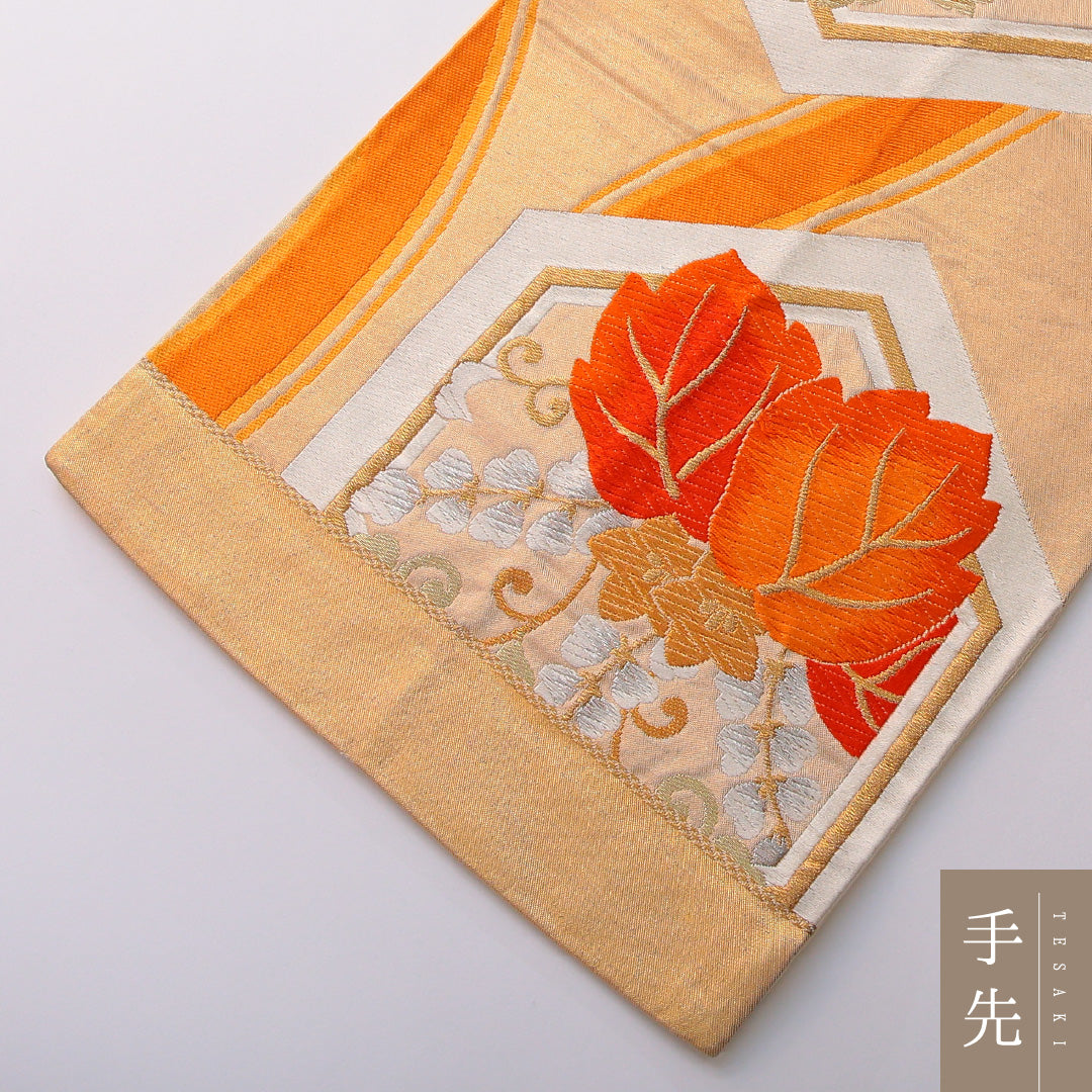 アンティーク 袋帯 帯丈420cm 六通 未仕立て 帯芯なし Aランク 正絹 亀甲 菊 金系 1223-01990