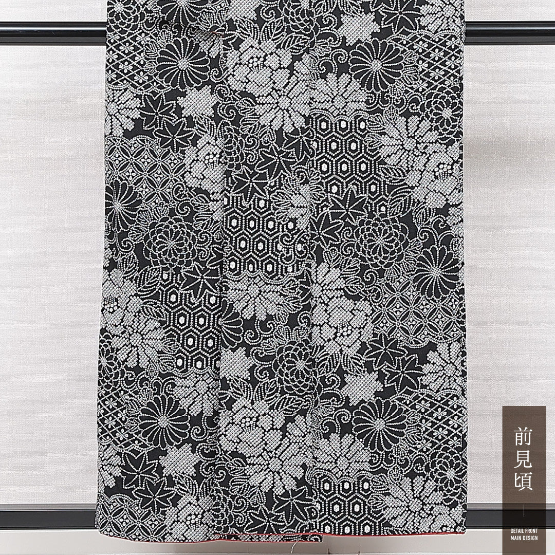 小紋 袷 身丈154cm 裄丈63cm 正絹 Sランク インフォーマル 広衿 Sサイズ 紅葉 吉祥文様 黒系 RP 1221-15072