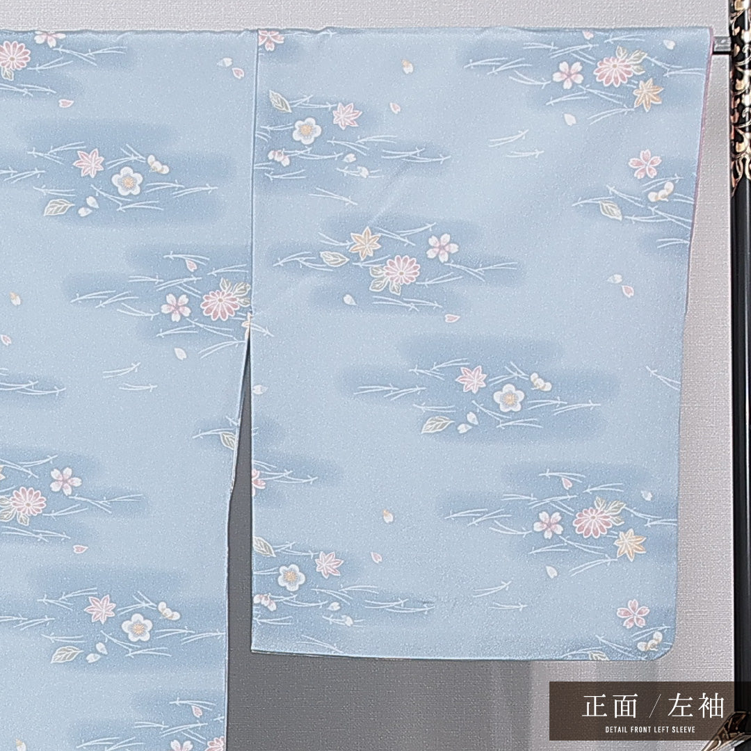 小紋 洗える着物 袷 身丈164cm 裄丈68cm ポリエステル Sランク Lサイズ 広衿 インフォーマル 梅 紅葉 水色系 1215-15796