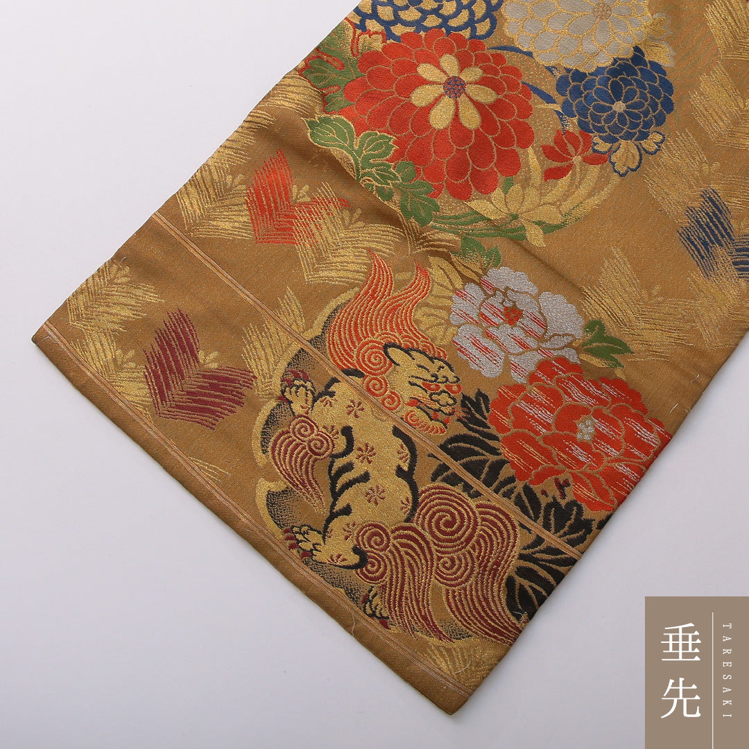 アンティーク 九寸名古屋帯 帯丈349cm セミフォーマル 名古屋仕立て 六通 Aランク 正絹 菊 黄系 1224-03624