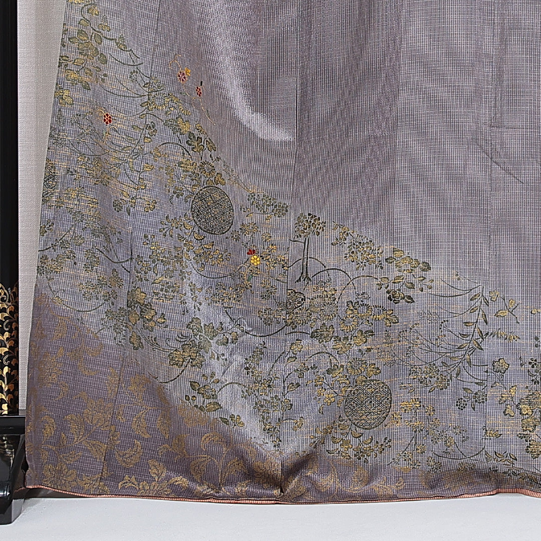 訪問着 袷 身丈169cm 裄丈66cm 正絹 Dランク XLサイズ 広衿 セミフォーマル 花柄 金彩 刺繍 金駒刺繍 グレー系 1212-15718
