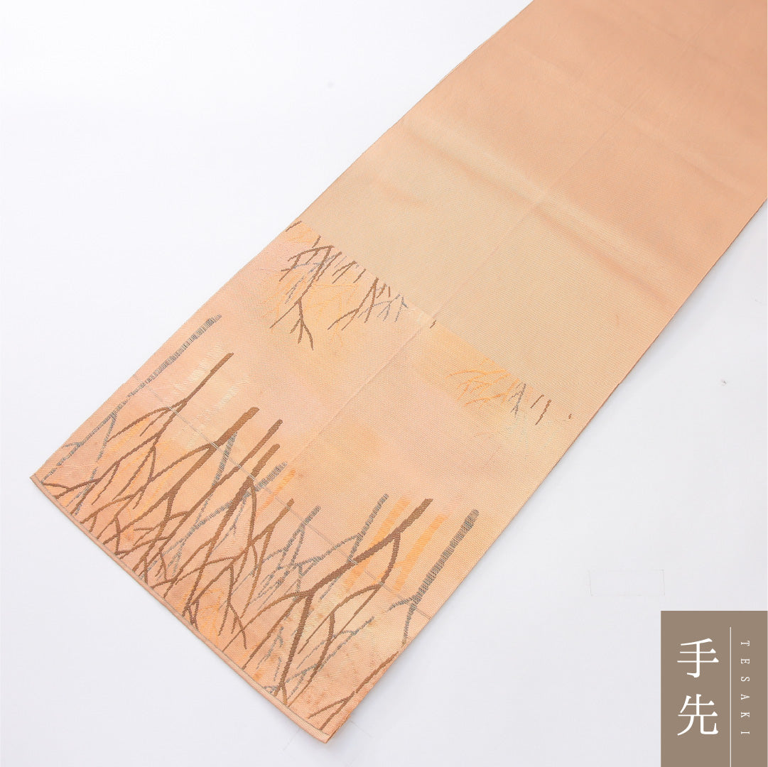 八寸名古屋帯 帯丈356cm カジュアル 開き仕立て 六通 Cランク 正絹 木立 ベージュ系 1224-04057