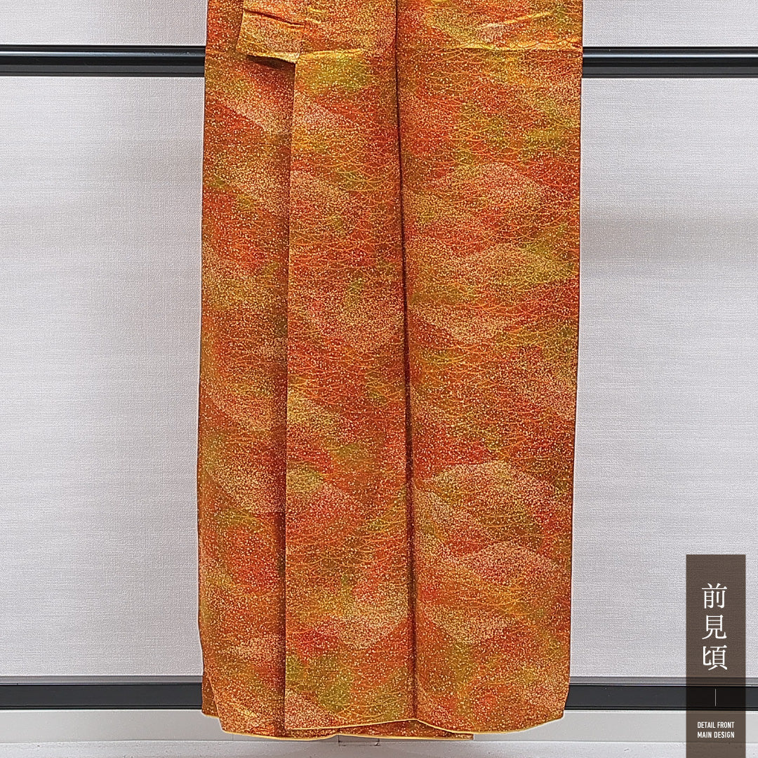 洗える着物 小紋 袷 身丈150cm 裄丈62cm ポリエステル Sランク インフォーマル バチ衿 Sサイズ 芝草 朱系 RP 1221-16221