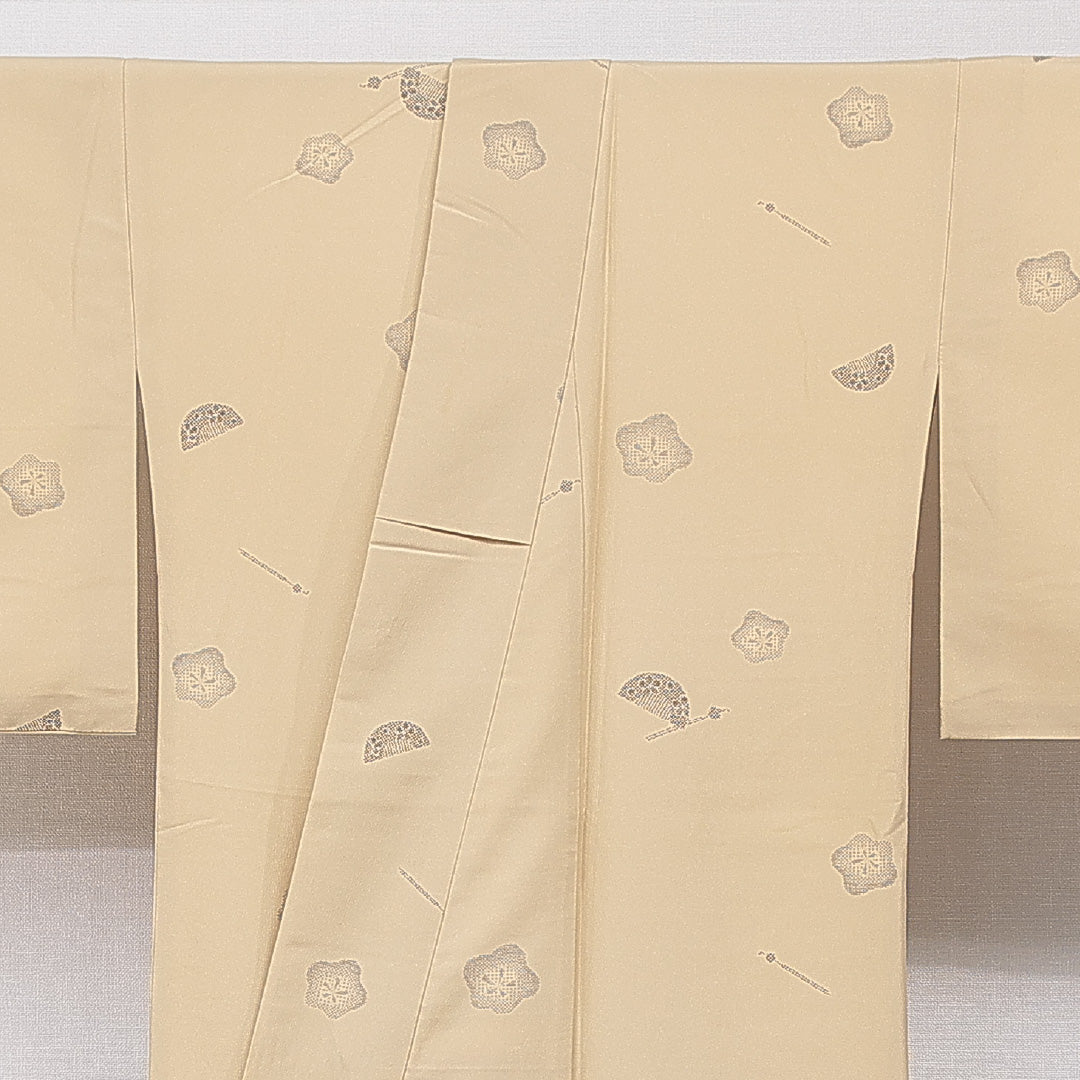 小紋 洗える着物 袷 身丈165cm 裄丈66cm ポリエステル Cランク XLサイズ 広衿 インフォーマル 簪 梅 茶系 ベージュ系 1215-15831