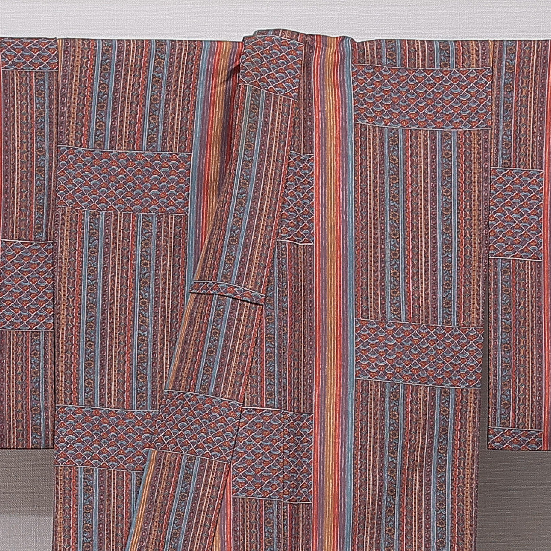 小紋 袷 身丈163cm 裄丈63cm 正絹 Sランク Lサイズ 広衿 インフォーマル 創作柄 多色系 1215-15487