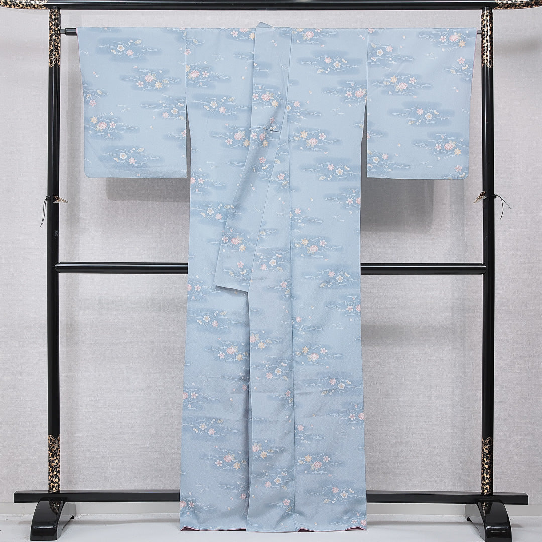 小紋 洗える着物 袷 身丈164cm 裄丈68cm ポリエステル Sランク Lサイズ 広衿 インフォーマル 梅 紅葉 水色系 1215-15796