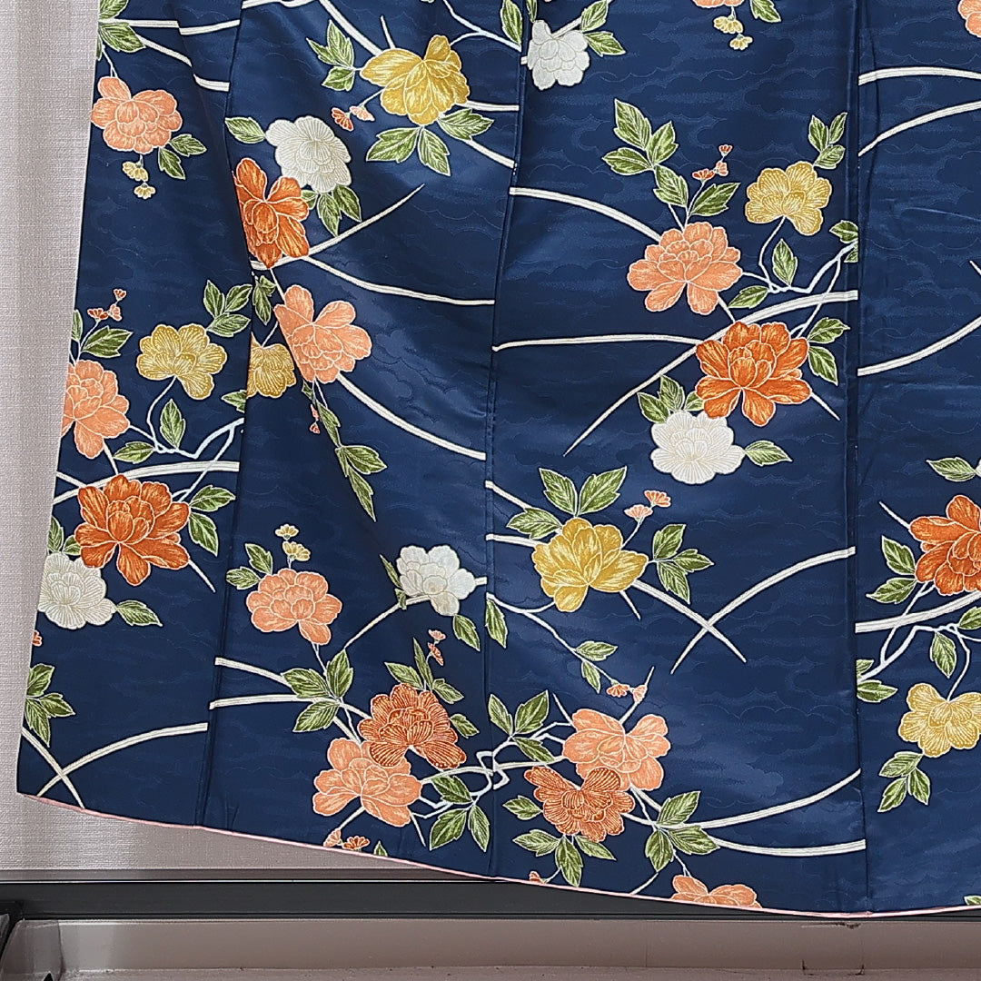 小紋 洗える着物 袷 身丈156cm 裄丈63cm ポリエステル Bランク Mサイズ 広衿 インフォーマル 牡丹 青系 1215-15802