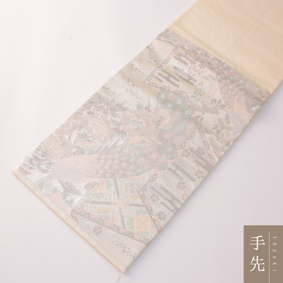 袋帯 帯丈432cm 正絹 六通 フォーマル 佐賀錦 孔雀 吉祥文様 銀系 1243-02301