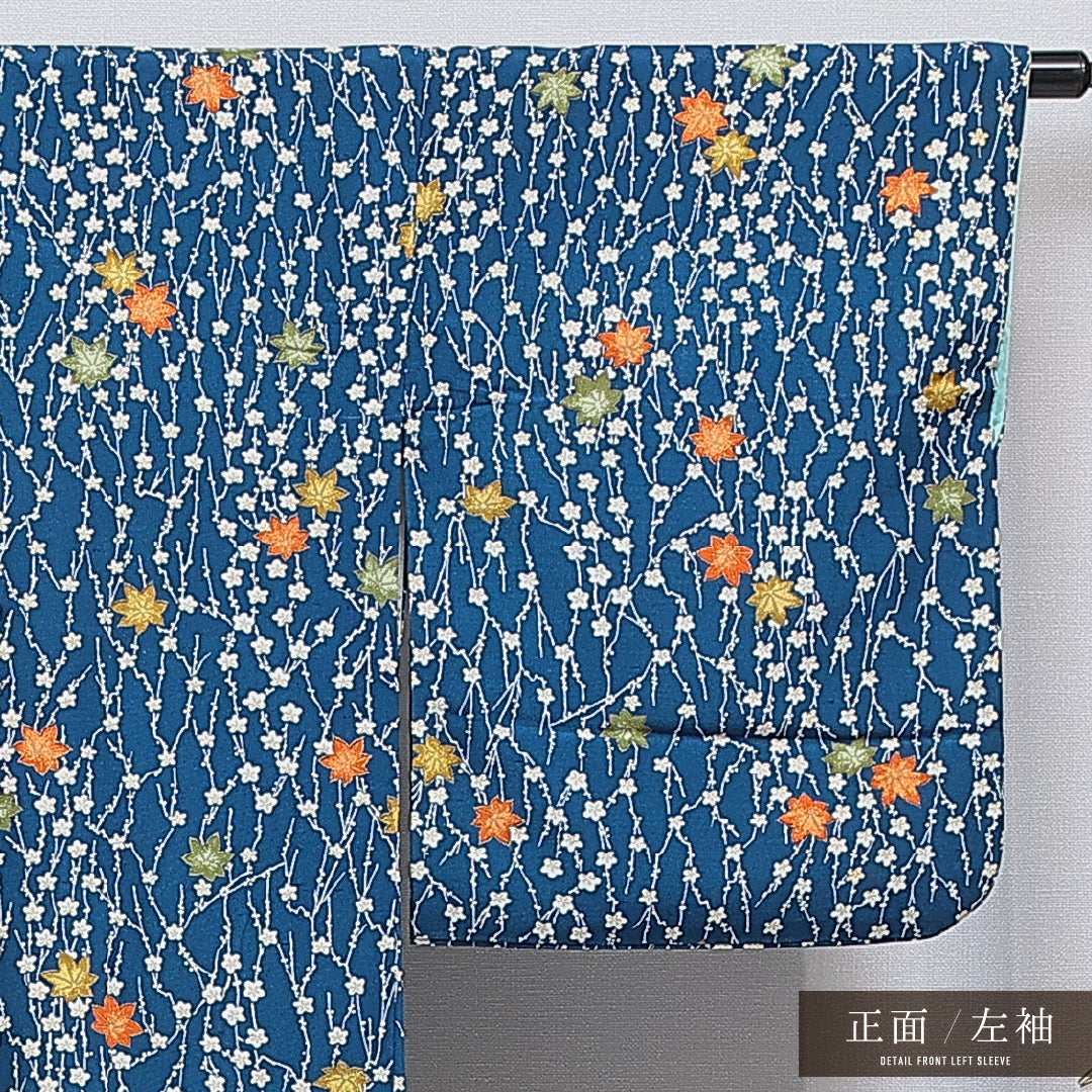 小紋 袷 身丈167cm 裄丈64cm 正絹 Bランク インフォーマル 広衿 XLサイズ 菊 楓 青系 HP 1221-15938