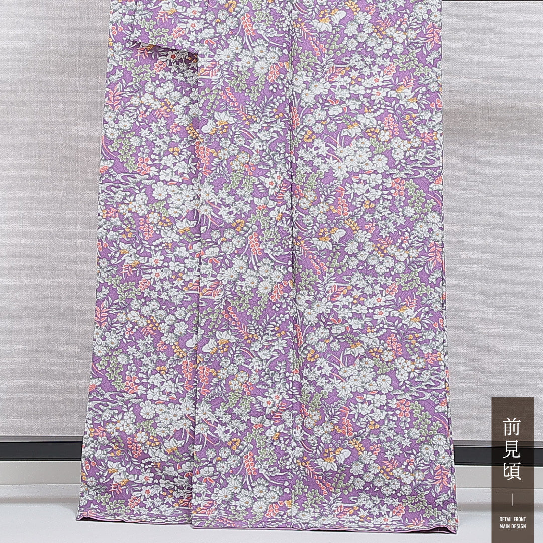 洗える着物 小紋 袷 身丈165cm 裄丈65cm ポリエステル Sランク インフォーマル 広衿 XLサイズ 菊 楓 紫系 RP 1221-16016
